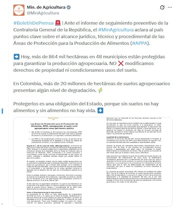 El Ministerio de Agricultura dice que la preservación de la tierra cultivable representa la base indispensable para sustentar el bienestar y el abastecimiento de las familias colombianas - crédito @MinAgricultura/X