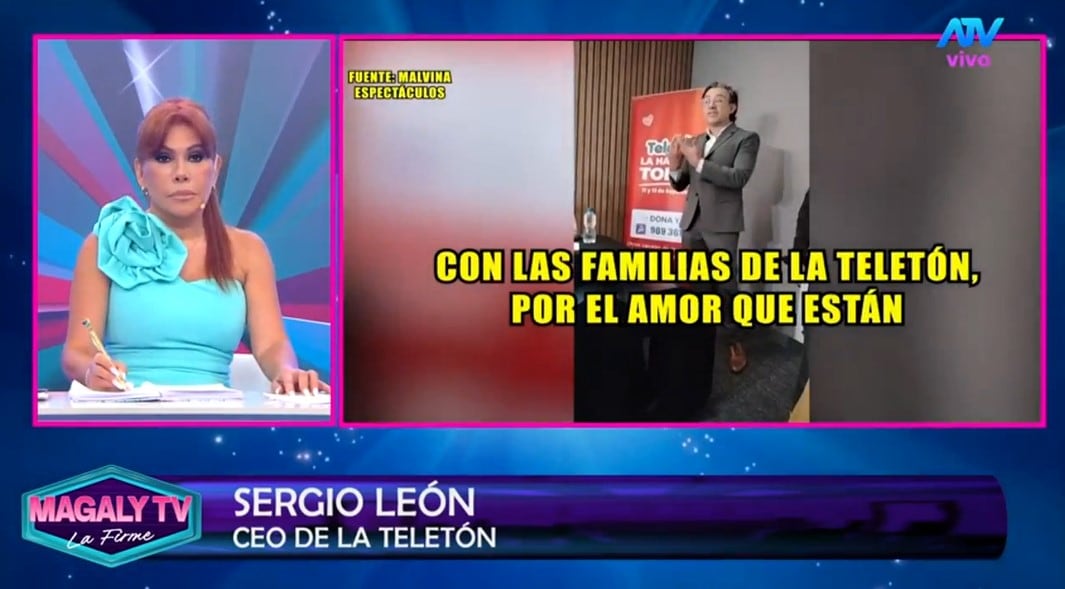 La presentadora Magaly Medina aborda las declaraciones de Sergio León, representante de la Teletón, durante la emisión de su programa de televisión.