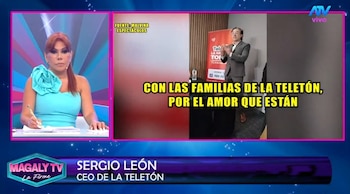 Magaly Medina en el estudio de su programa junto a un video en pantalla de Sergio León hablando sobre la Teletón