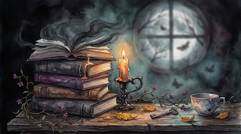 Cinco libros apilados sobre una mesa de madera junto a una vela, una llave, una taza agrietada y humo saliendo del ejemplar abierto superior.