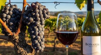 Dos racimos de uvas rojas oscuras en una vid, una copa de vino tinto y una botella con etiqueta Bonarda Argentina frente a un viñedo.
