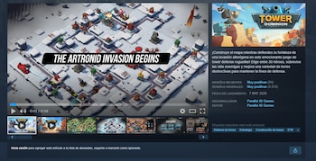 Captura de pantalla de un ordenador con la página de Tower Dominion. Incluye video del juego, reseñas de usuarios, fecha de lanzamiento y etiquetas de género