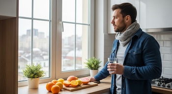 Hombre caucásico con barba y bufanda gris, camisa azul, parado en una cocina. Sostiene un vaso de agua, con cítricos en la encimera y una ventana con vista a la ciudad.