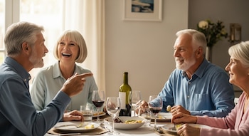 Cuatro adultos mayores, dos hombres y dos mujeres, sentados alrededor de una mesa de comedor con platos, vasos de vino y una botella, riendo y conversando.