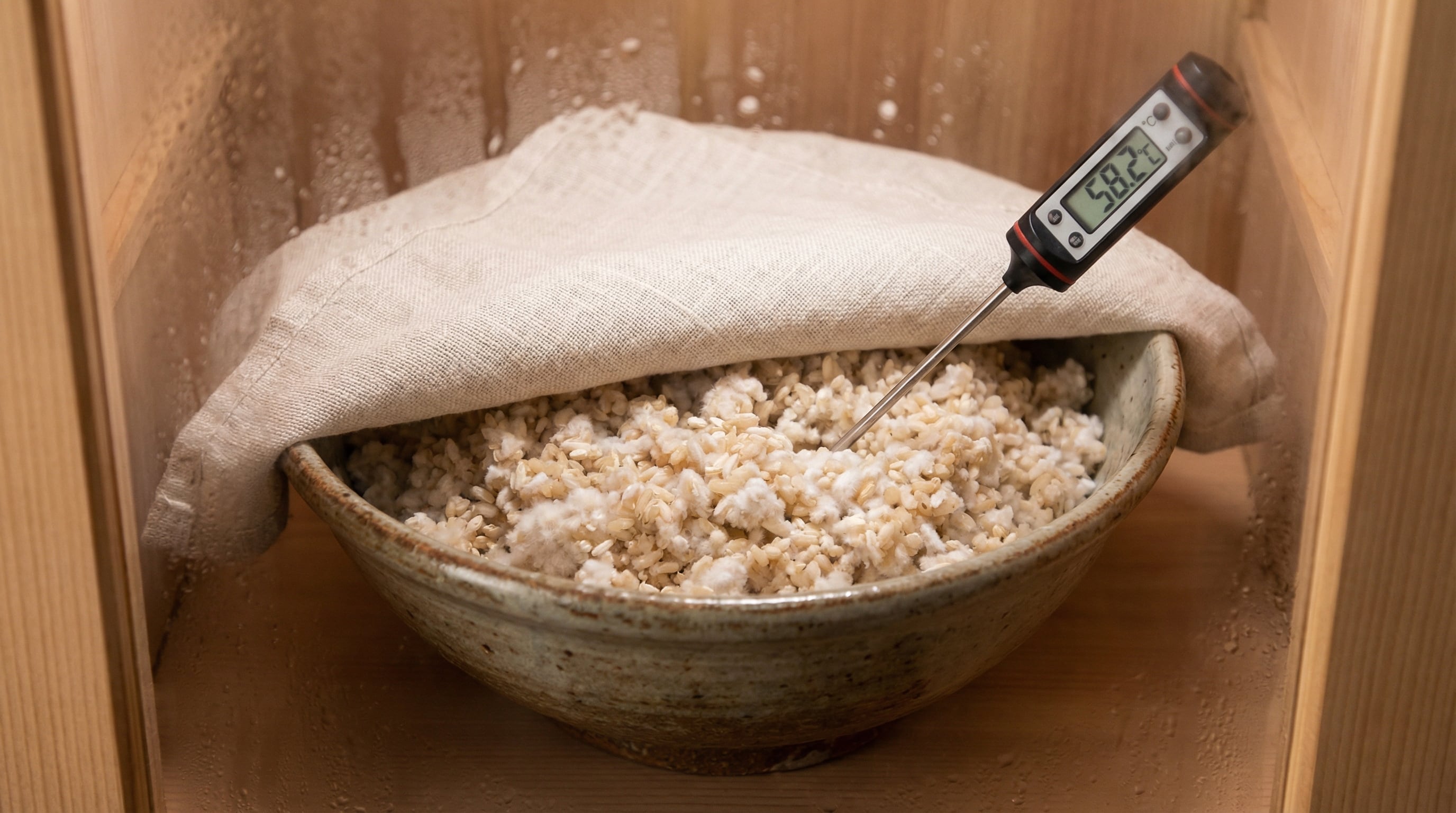 Fermentación a temperatura controlada: la mezcla de arroz y koji reposa entre 55 y 60 °C durante varias horas, desarrollando su dulzura característica y textura cremosa (Imagen Ilustrativa Infobae)