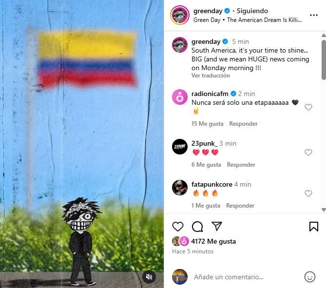 En el reel publicado en redes sociales, Green Day confirmó Colombia como una de las paradas de su próxima gira por Suramérica - crédito @greenday/Instagram