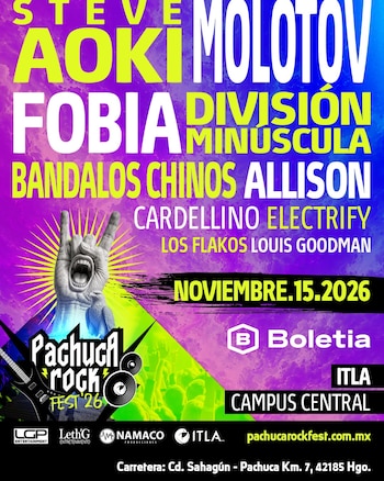 Cartel de festival con nombres de artistas, una mano de ilustración haciendo la seña de rock, la fecha 15 de noviembre de 2026 y logotipos