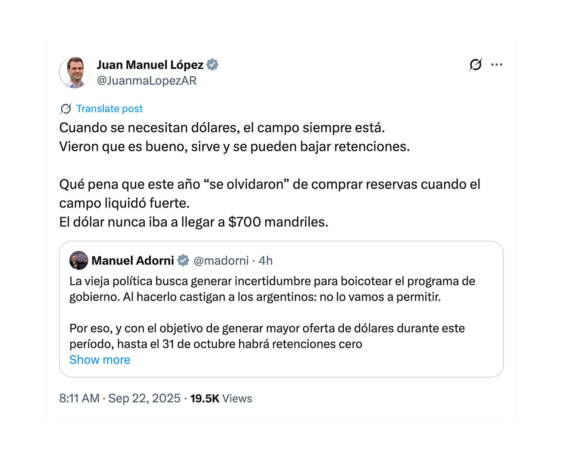 Tuit del diputado de la Coalición Cívica Juan Manuel López