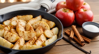 Manzanas en rodajas con canela en sartén de hierro fundido, con manzanas enteras, palitos de canela, vaina de vainilla y azúcar en un cuenco sobre mesa de madera.