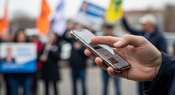 Una mano sostiene un teléfono móvil, el pulgar presiona la pantalla. Al fondo, personas borrosas con carteles y banderas.