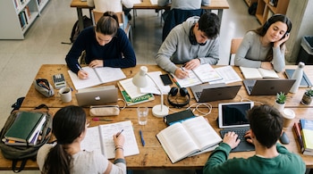 Vista superior de varios jóvenes sentados a una mesa de madera con cuadernos, computadoras portátiles, libros y tazas.