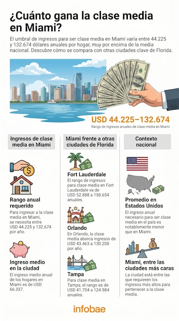 Infografía sobre ingresos de clase media en Miami, con un skyline de la ciudad, una mano con billetes, e íconos que representan dinero, vivienda y el mapa de EE.UU.