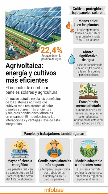 Infografía con ilustraciones de paneles solares sobre cultivos agrícolas, gráficos de porcentajes y secciones explicativas con texto.