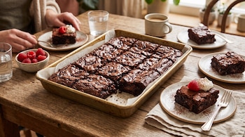Bandeja metálica con brownies de chocolate cortados, platos con porciones individuales, frambuesas y tazas sobre una mesa de madera.
