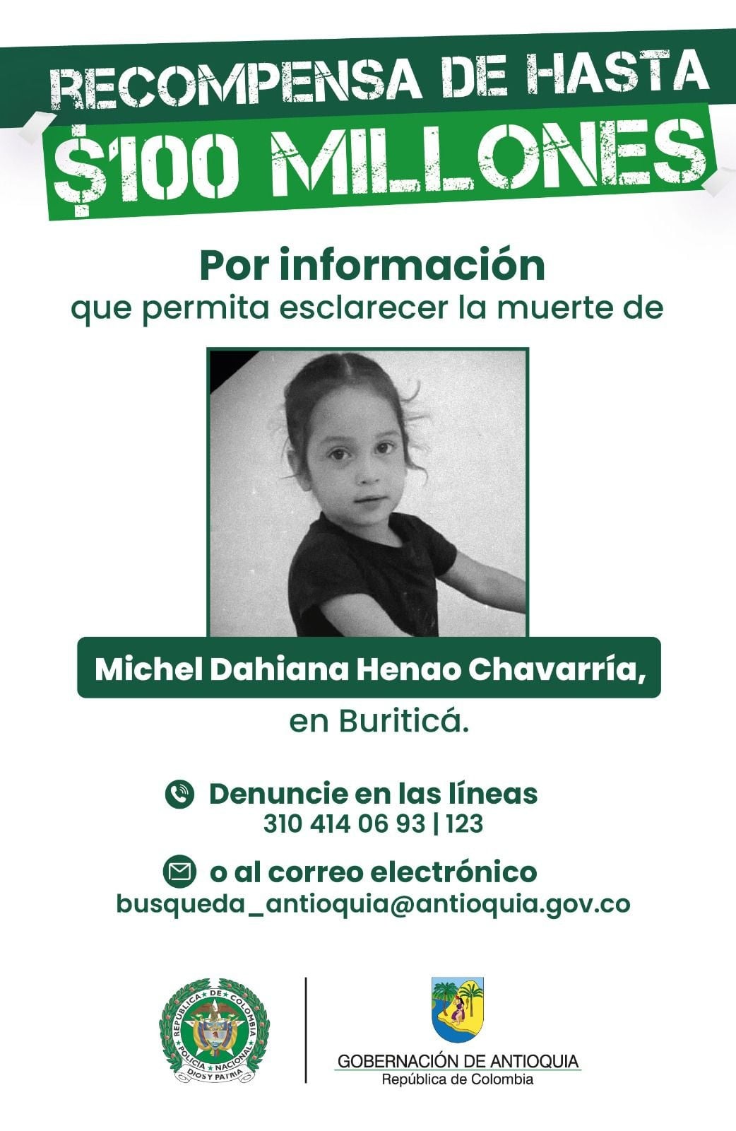 Ofrecen hasta $100 millones por información sobre los responsables de la muerte de Michel Dahiana Henao Chavarría - crédito Prensa Gobernación de Antioquia