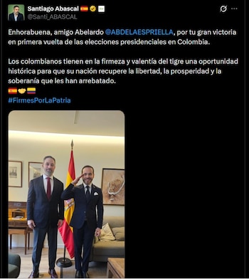 Santiago Abascal (España): Santiago Abascal, presidente del partido Vox, elogió la firmeza de Abelardo de la Espriella y consideró que Colombia tiene una oportunidad histórica para recuperar su soberanía - crédito @Santi_ABASCAL / X