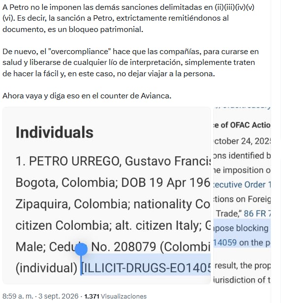 La interpretación se apoya en que la medida descrita afecta bienes y no menciona viajes. - crédito @JuanCMerlano/X