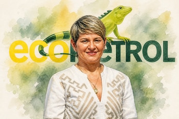 Retrato artístico de Verónica Alcocer con el logotipo de Ecopetrol de fondo - crédito