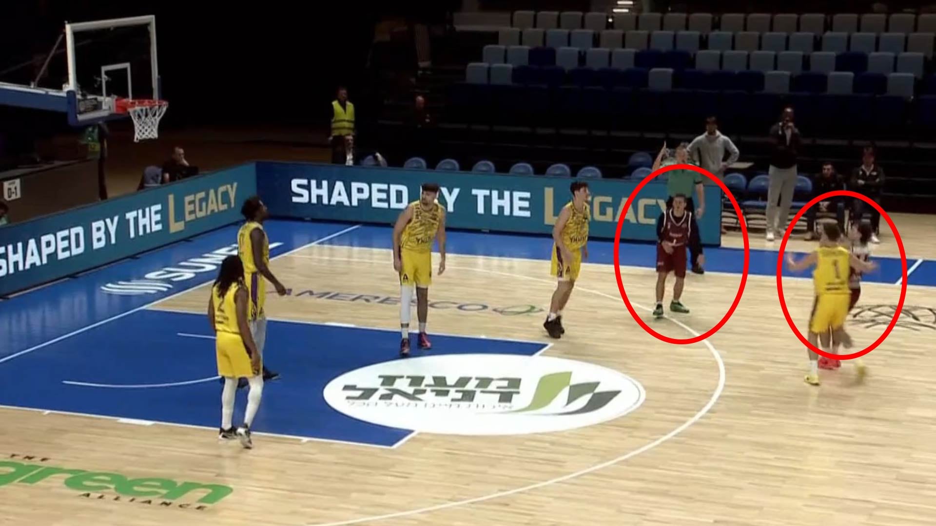 Solo dos jugadores del Trapani Shark en cancha ante Hapoel Holon por la Champions League de básquet en Europa (captura de video)