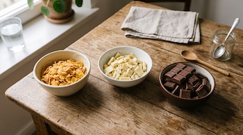 Tres cuencos sobre una mesa de madera contienen copos de maíz, trozos de chocolate blanco y cuadros de chocolate con leche.