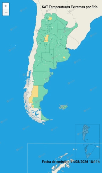 Mapa de Argentina con zonas verdes y amarillas indicando temperaturas extremas de frío, título "SAT Temperaturas Extremas por Frío", y fecha de emisión