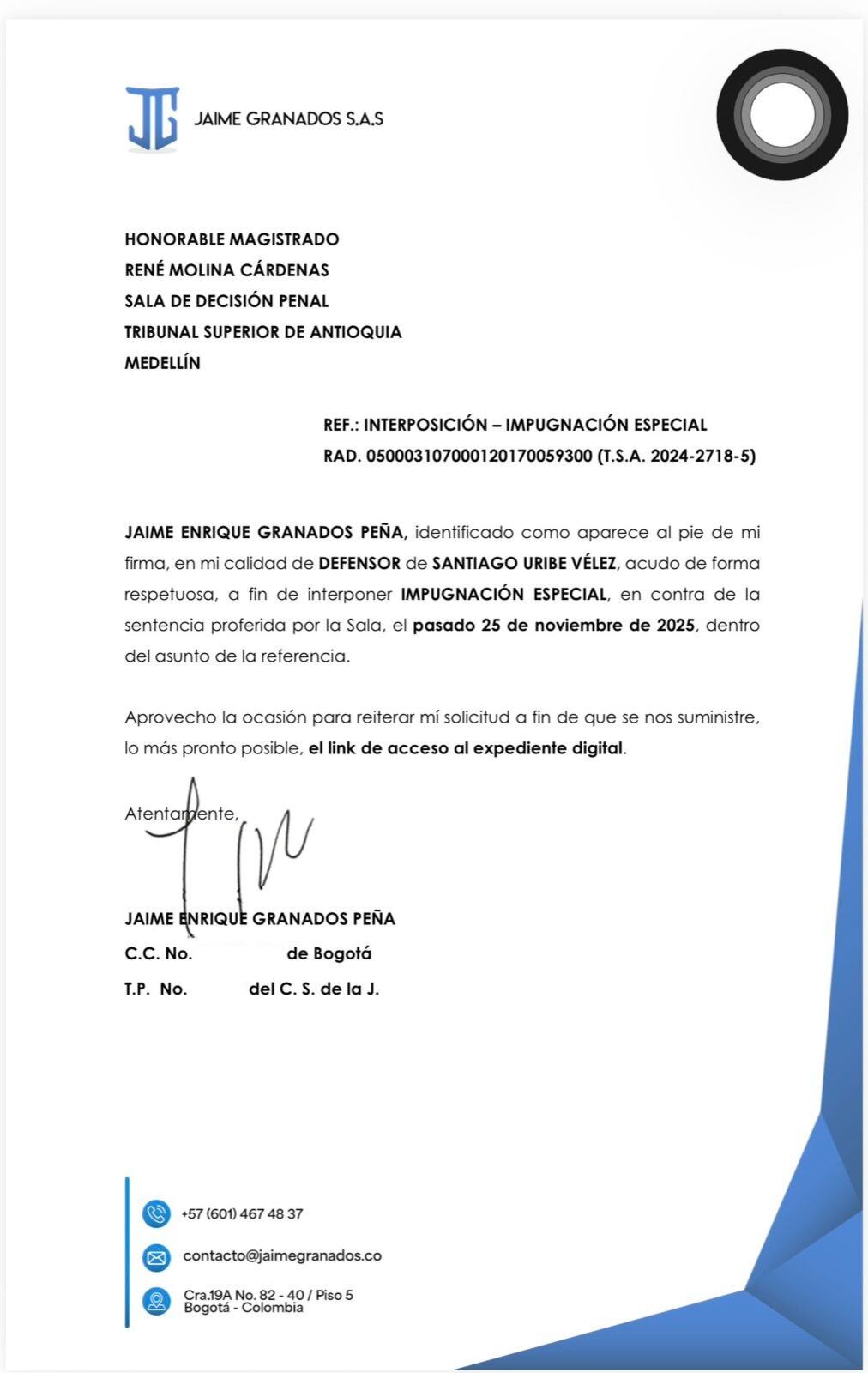 La impugnación se dirige contra la sentencia del 25 de noviembre de 2025 - crédito Jaime Granados S.A.S.