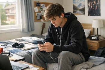 Un adolescente con sudadera oscura y auriculares blancos, sentado en su cama y mirando su teléfono celular en una habitación bien iluminada.