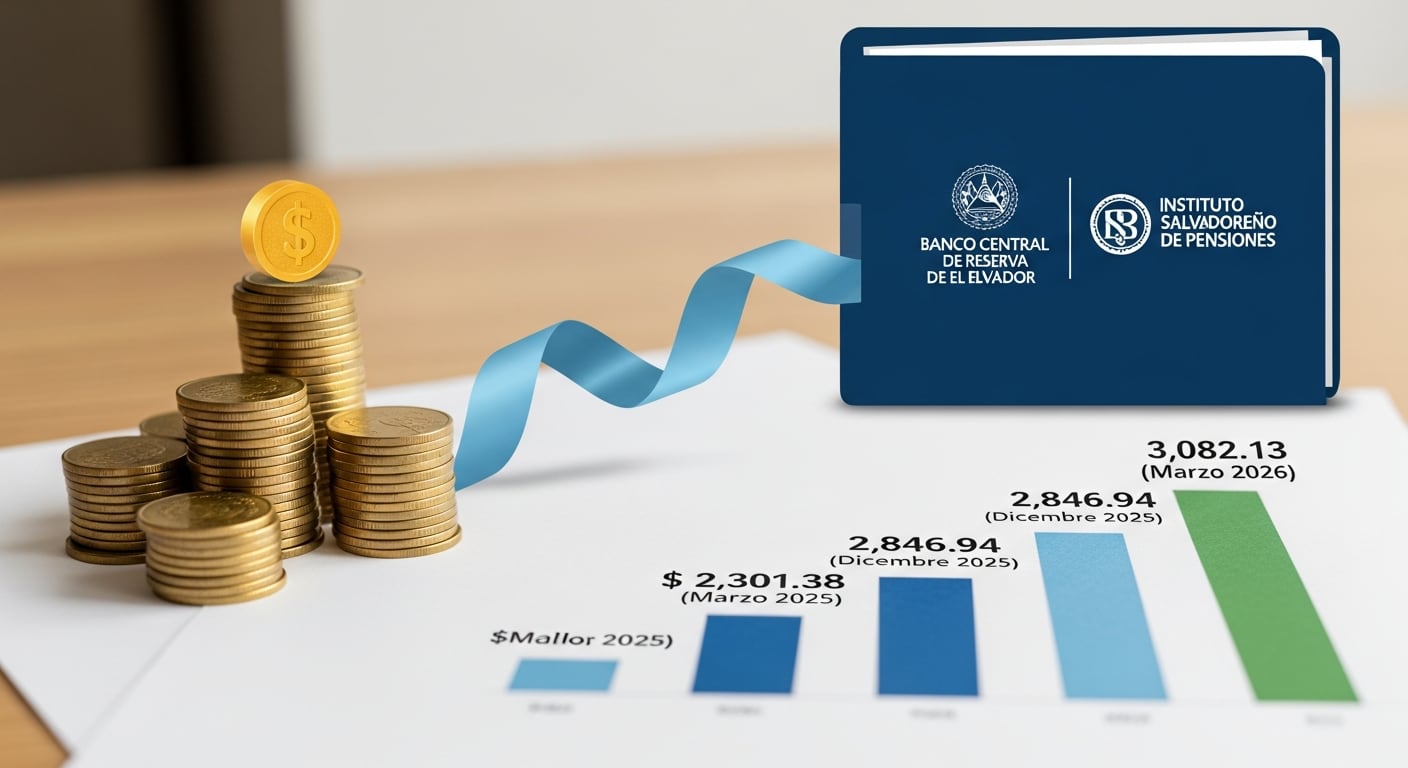 Una representación conceptual muestra pilas de monedas de oro conectadas por una cinta a una carpeta del Banco Central de Reserva de El Salvador y el Instituto Salvadoreño de Pensiones, junto a un gráfico de deuda pública en aumento. (Imagen Ilustrativa Infobae)