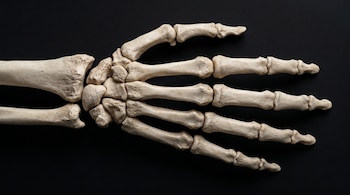 Huesos de la mano y muñeca humanas, dispuestos articuladamente sobre un fondo negro liso. La iluminación cenital resalta la textura ósea y los volúmenes.
