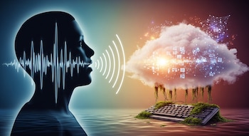 Silueta de una cabeza humana con ondas cerebrales y de voz, una nube con conexiones digitales, iconos y luz, y un teclado cubierto de vegetación sobre el agua.