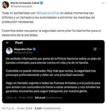 María Fernanda Cabal exigió mayor protección para Alejandro Char y reafirmó la seguridad como prioridad nacional - crédito @MariaFdaCabal/X