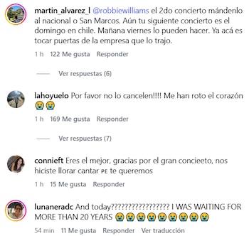 Captura de pantalla con cuatro comentarios en Instagram dirigidos a la cuenta de Robbie Williams