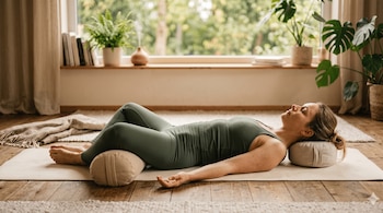 Una mujer reposa boca arriba sobre una colchoneta de yoga con cojines bajo las rodillas y la cabeza, rodeada de plantas y libros junto a una ventana.