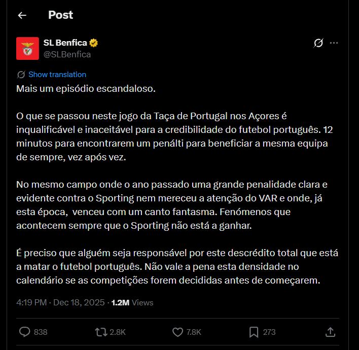 El Benfica calificó de “escandalosa” la decisión arbitral y cuestionó la credibilidad del fútbol portugués en un comunicado oficial - crédito @SLBenfica / X