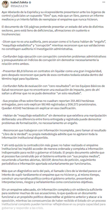 Isabel Zuleta descalifica el 'Libro de la Verdad' y cuestiona sus fundamentos - crédito @ISAZULETA/X