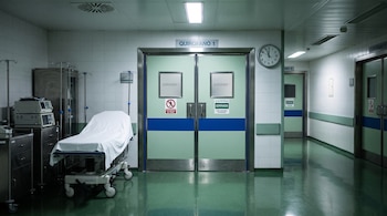 Puertas dobles cerradas con la señal de quirófano, una camilla con sábana blanca, monitores médicos y un reloj de pared en un pasillo.