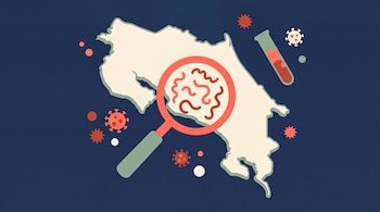 Mapa de Costa Rica sobre fondo azul con una lupa que muestra gérmenes, rodeado de figuras de virus y un tubo de ensayo.