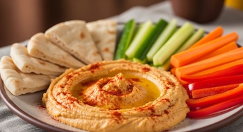 Plato de hummus beige anaranjado con pimentón y aceite de oliva. Rodeado de pan pita, bastones de pepino, zanahoria y pimiento rojo.