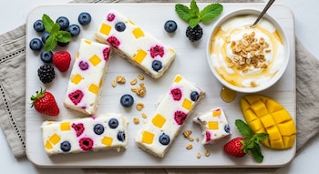 Vista superior de barritas de yogurt griego con trozos de frambuesa, arándano y mango, junto a frutas frescas variadas y un bol de yogur con granola y miel.