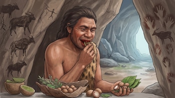 Ilustración de un hombre en una cueva con pinturas rupestres que sostiene nueces de betel y hojas verdes junto a cuencos.