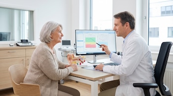 Otorrinolaringólogo señalando una gráfica de audiometría en una pantalla a una paciente adulta mayor en un consultorio. Un modelo anatómico del oído está en la mesa.