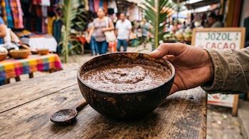 Tazón de madera con una bebida espesa marrón y una cuchara en una mesa, con puestos de mercado borrosos de fondo.