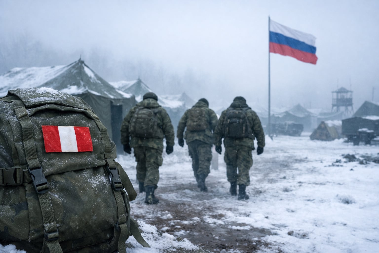 Una mochila con la bandera peruana en primer plano, mientras soldados caminan entre carpas nevadas de un campamento militar genérico bajo una bandera rusa en un día frío y brumoso. (Imagen Ilustrativa Infobae)