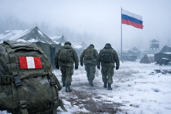 Mochila verde militar con bandera peruana en primer plano. Tres soldados de espaldas caminan en campamento nevado con carpas y bandera rusa de fondo.