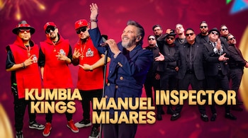 Tres hombres con vestimenta roja, un cantante al centro con chaqueta azul y una banda en trajes oscuros, con sus nombres abajo.