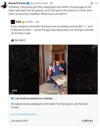 La tajante respuesta de Russell Crowe tras ser criticado por su encuentro con fans en París