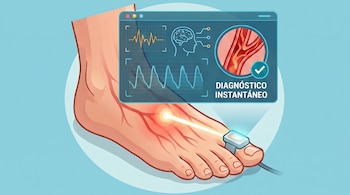 Ilustración de un pie con un sensor en el dedo gordo emitiendo un haz de luz; una pantalla muestra gráficos de actividad cerebral y un vaso sanguíneo con placa.
