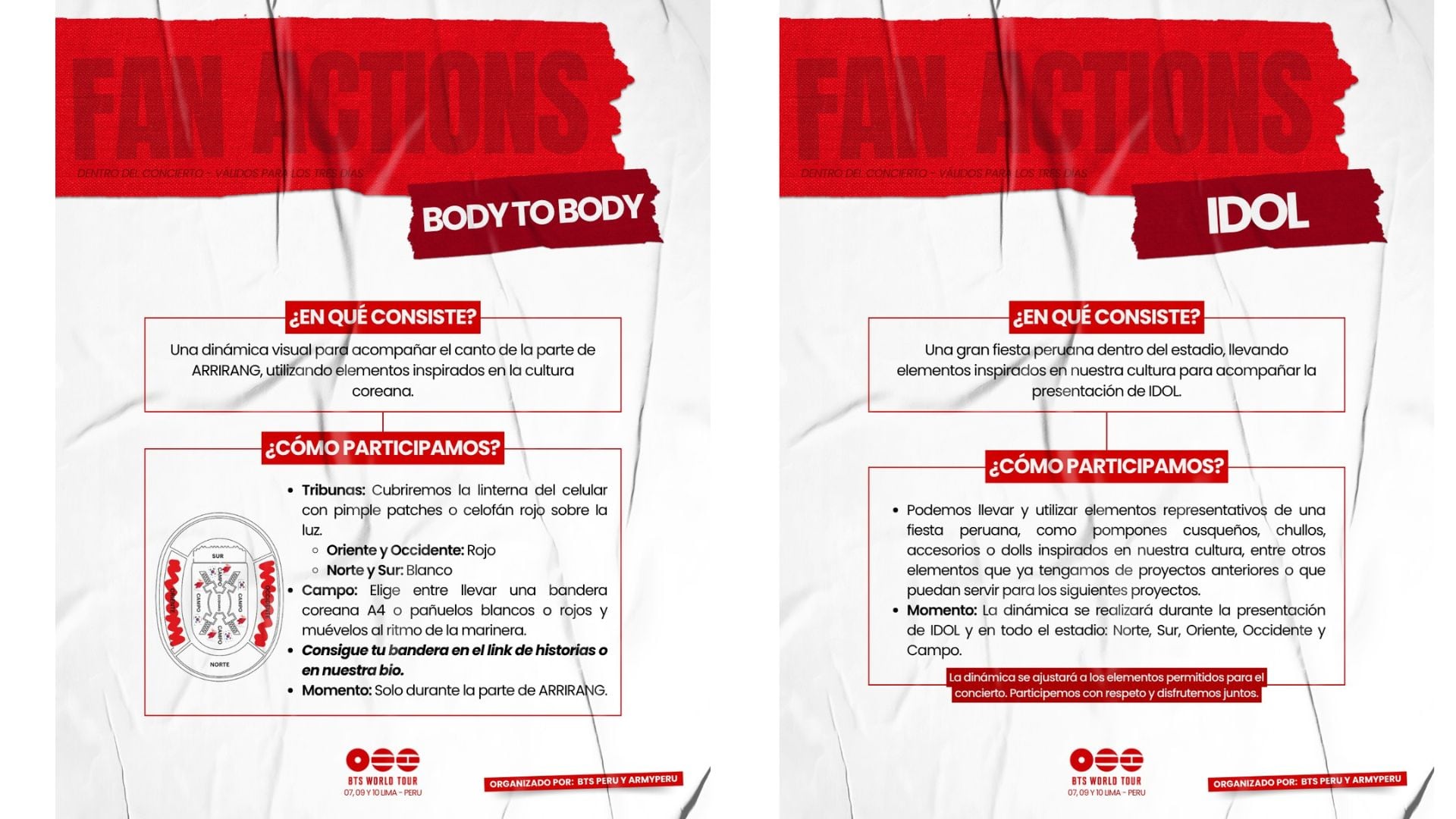 La agrupación ARMY Perú difunde instrucciones para realizar dinámicas de luces y elementos culturales durante las presentaciones de BTS en Lima. (Army Perú)