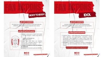 Dos afiches informativos de color blanco y rojo con textos en español sobre las actividades de fanáticos tituladas Body to Body e Idol