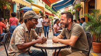 Dos hombres ríen sentados en una mesa de mosaico al aire libre. De fondo, una calle con gente, toldos de colores y plantas en macetas.